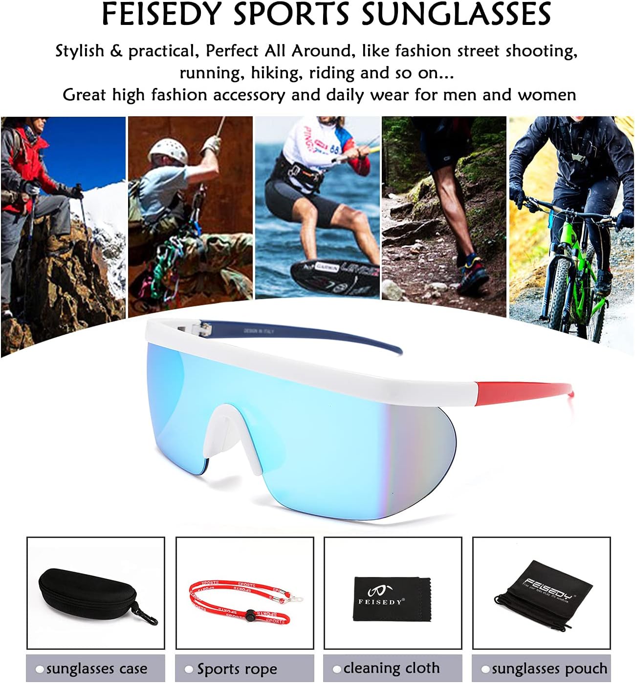 商品图片 7 | B096SD9GGG | FEISEDY Oversized Mirror Shield Sport 80s Sunglasses Ski Goggles Flat Top One Piece Futuristic Visor Women Men B2522
