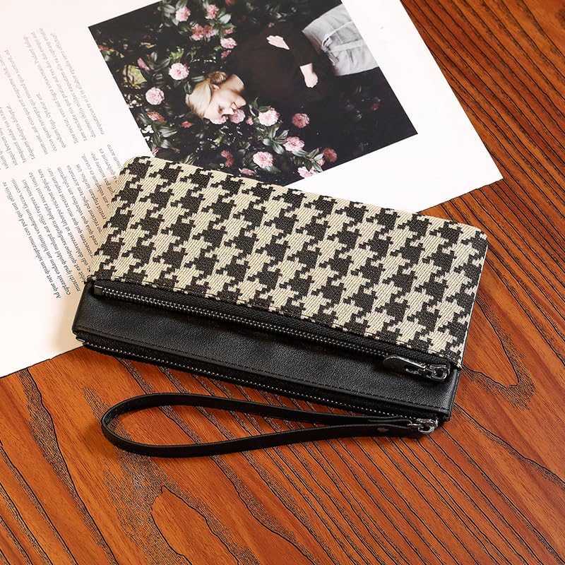 商品图片 2 | B0FX9CLZGR | Vintage Houndstooth Long Wallet for Women, Small Wallets Woman with Wrist Strap Womens Wallet for Phone Cards