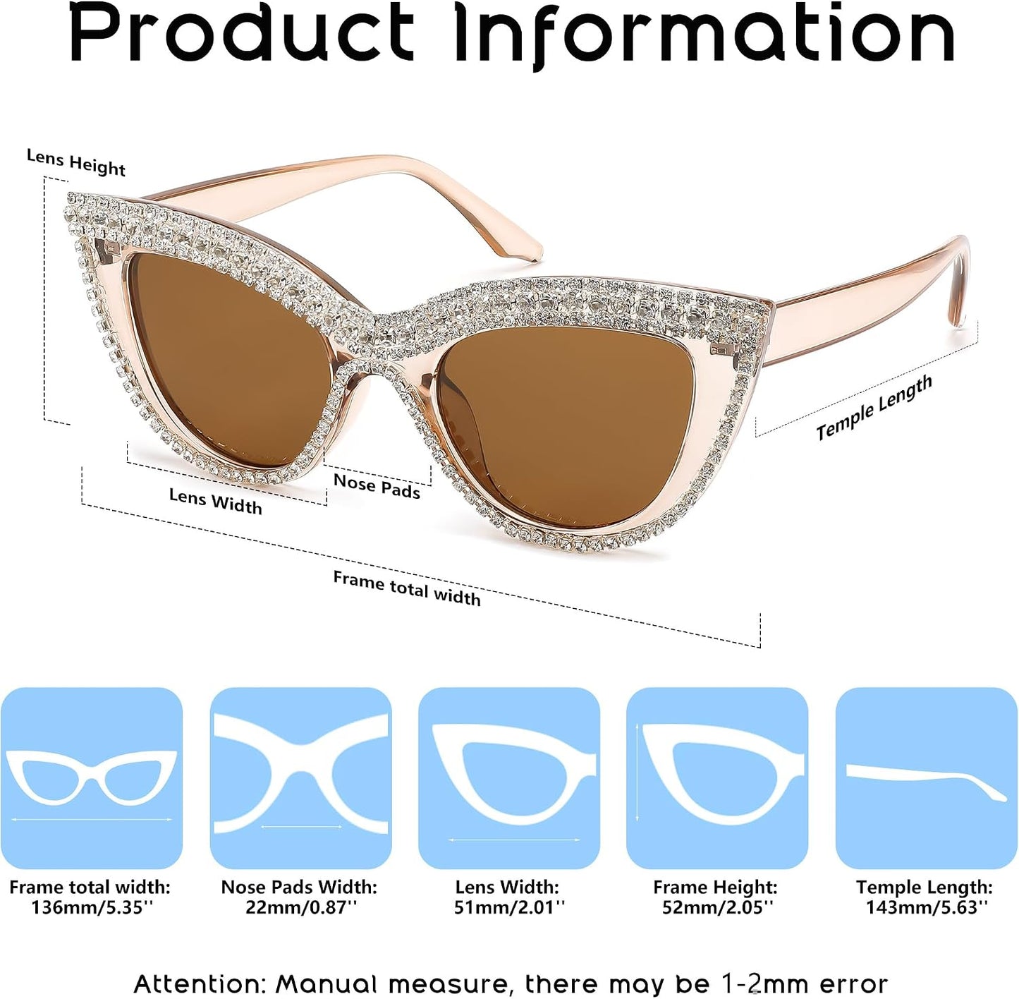 商品图片 28 | B0BZ7YMM4F | FEISEDY Oversized Women Cat Eye Rhinestone Sunglasses Costume Party B2360