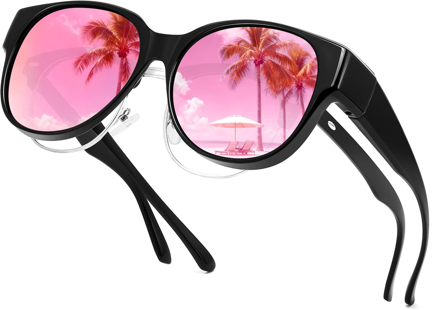 Black Frame & Pink Mirror Lens / 55 Millimeters | B0GLDZQY9J | FEISEDY Fit Over Glasses Polarized Sunglasses, UV400 Protection for Driving & Outdoor Activities B0328
