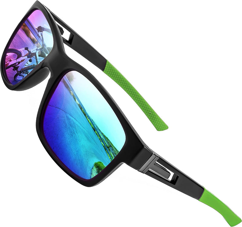 004 Black Frame/Green Mirrored Lens / 55 Millimeters | B0B2RDD2PX | FEISEDY Polarized Sunglasses Men Women Driving Cycling Running Golf Sports Glasses Lightweight TR90 Frame B2915