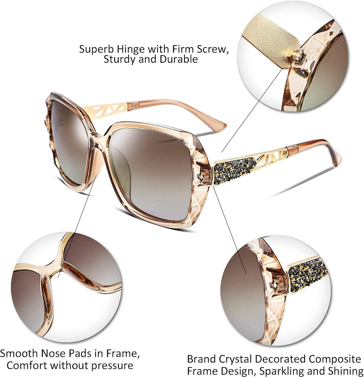 商品图片 102 | B079GT4RXH | FEISEDY Polarized Women Square Sunglasses Sparkling Composite Shiny Frame B2289
