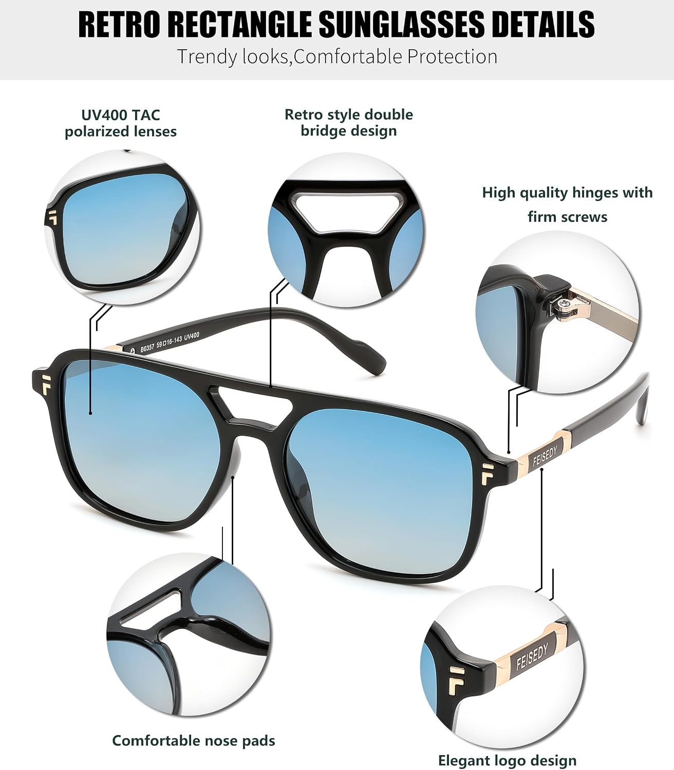商品图片 5 | B0H2V9BFS5 | FEISEDY Retro Polarized Aviator Square Sunglasses for Women Men UV400 B0357