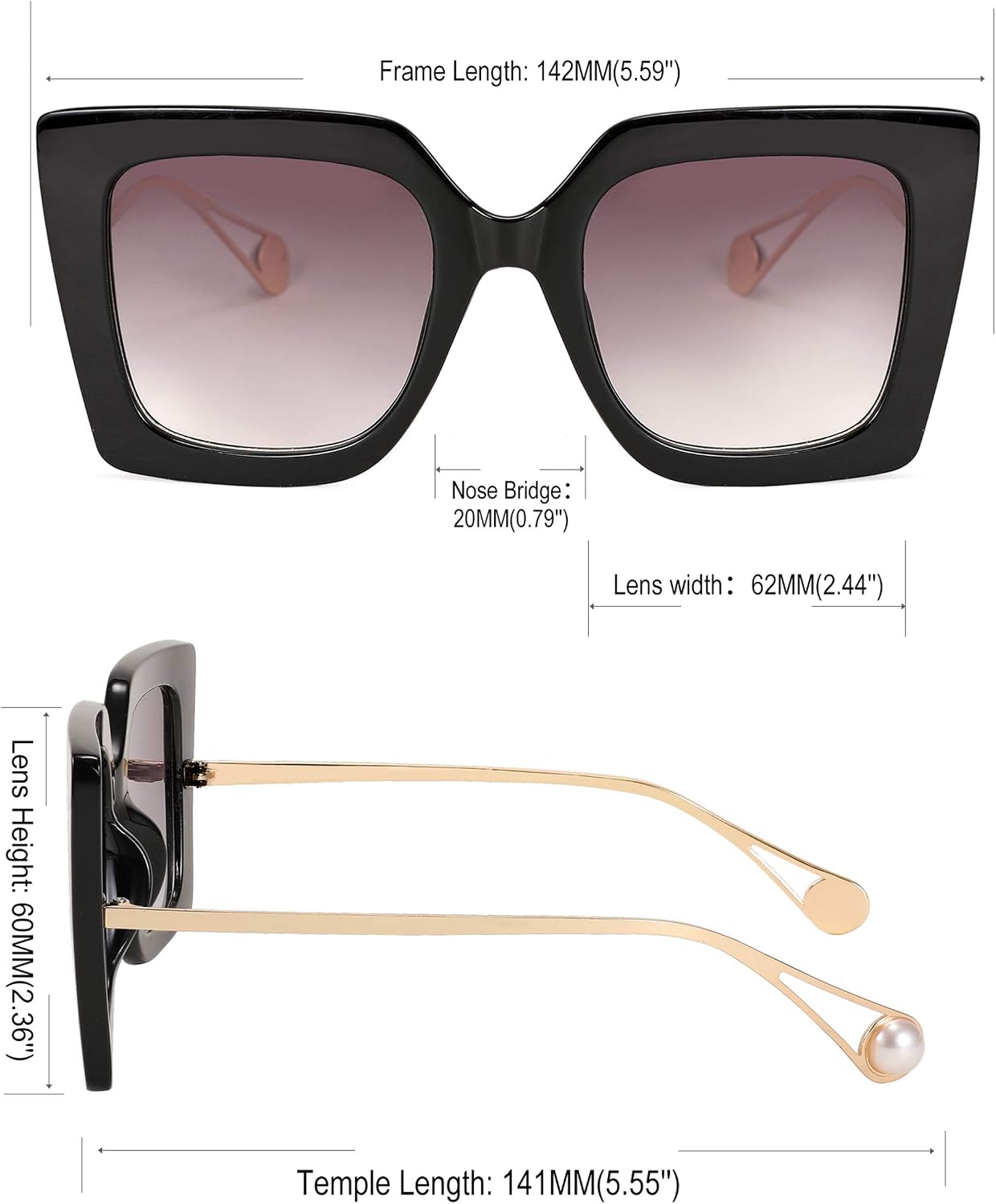商品图片 94 | B08HVPGJW5 | FEISEDY Sunglasses Womens Trendy, Oversized Square Shades, Pearl Inlay Cat Eye Frame UV400 Protection B2625