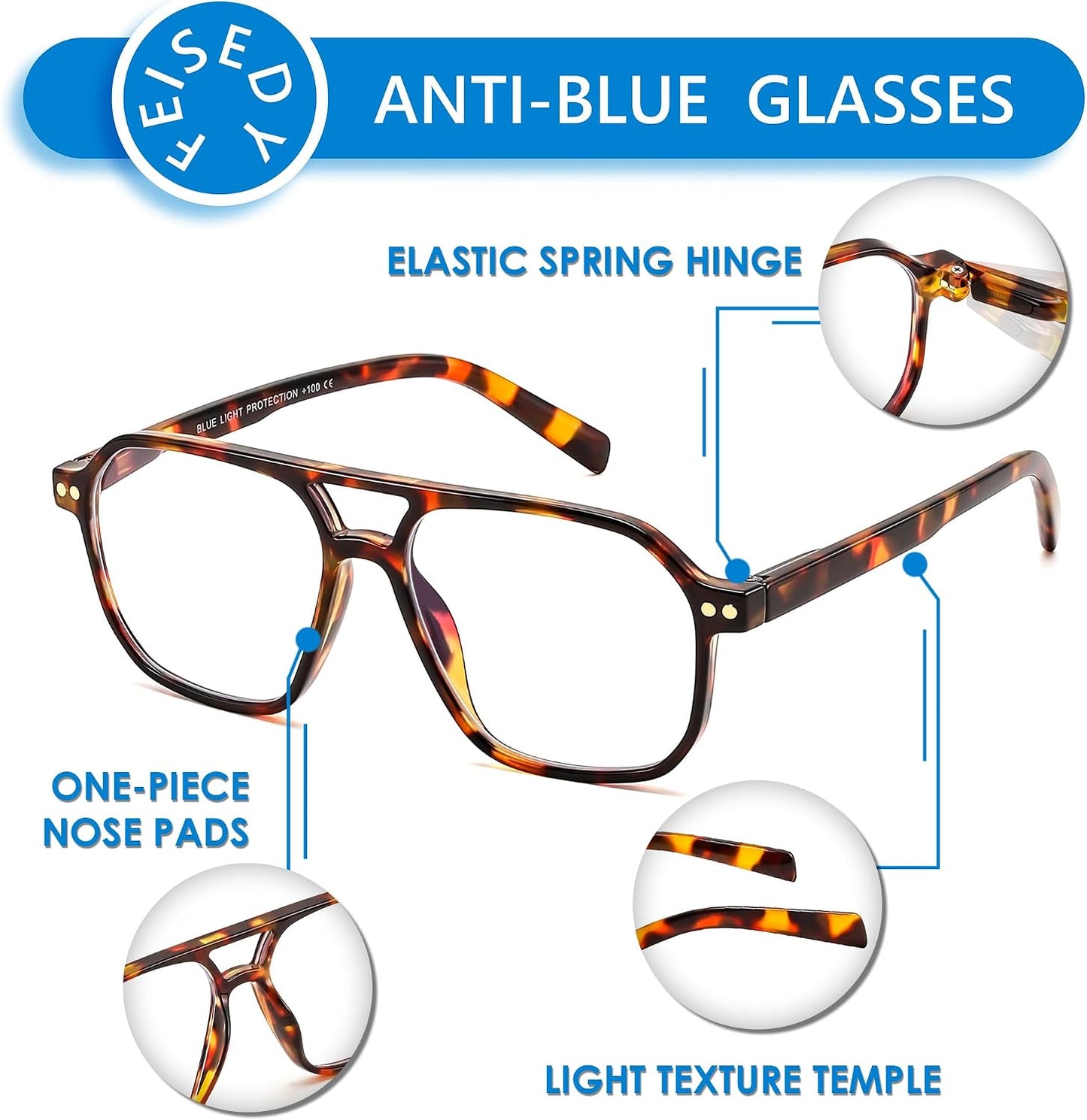 商品图片 13 | B0CNCZF5FL | FEISEDY Retro Aviator Reading Glasses Square Readers for Women Men B0068 | Spring Hinge, Blue Light Reading Glasses,Stylish reading glasses for men