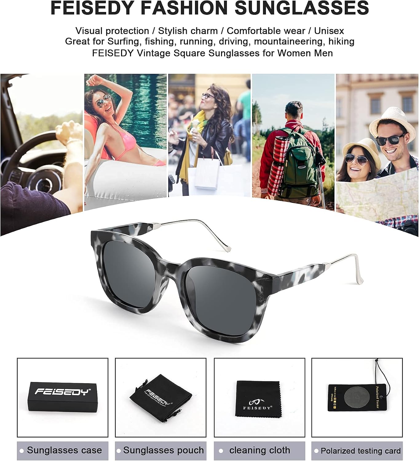商品图片 6 | B08KXMJ9LV | FEISEDY Square Polarized Sunglasses Women Men Retro Trendy Shades UV400 Lenses B2624