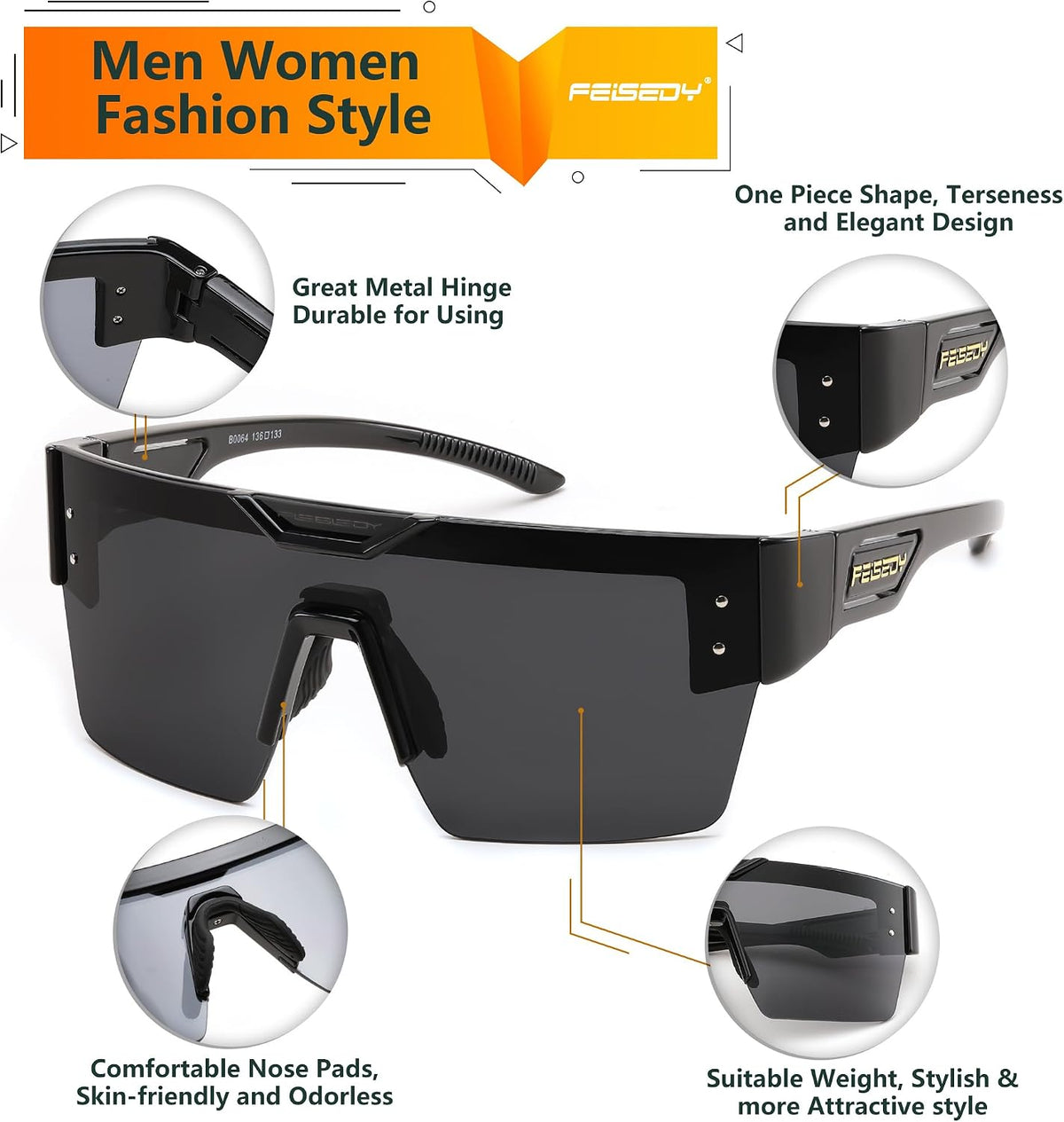 ÉÌƷͼƬ 23 | B0D4Y6RY37 | FEISEDY Sunglasses Men Women, Big Oversized Square Frame,UV400 Mirrored Sun Glasses, Cycling Driving Fishing Hiking B0064