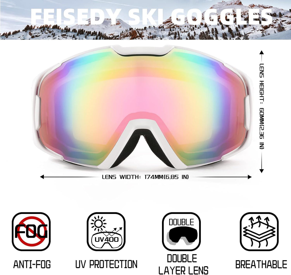 商品图片 58 | B0GHRB6WCQ | FEISEDY Ski Goggles, OTG Snow Sport Goggles for Adult Youth, Anti-Fog UV400 Protection Bendable Dual-Lenses B2961