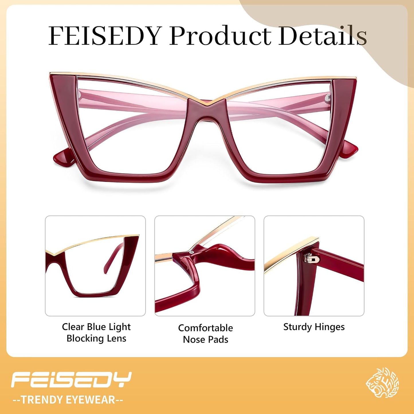 商品图片 36 | B0DGX4KTLX | FEISEDY Fashion Cat Eye Blue Light Blocking Glasses for Women Fake Retro Eyeglasses Oversized Stylish Eyewear Frame B0240