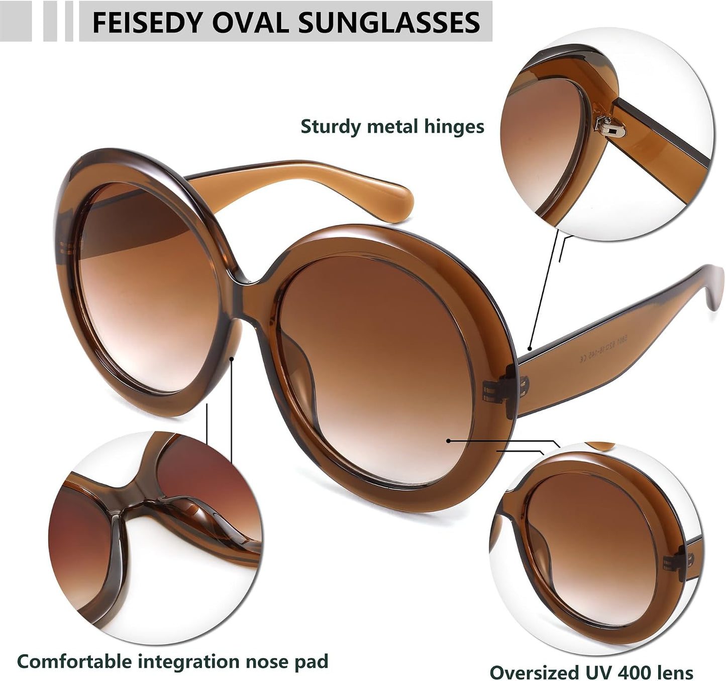 商品图片 17 | B0C7ZVD4MD | FEISEDY Oval Oversized Trendy Sunglasses Women Men Stylish Retro Big Frame Vacation Sun Glasees UV400 Protection B0017