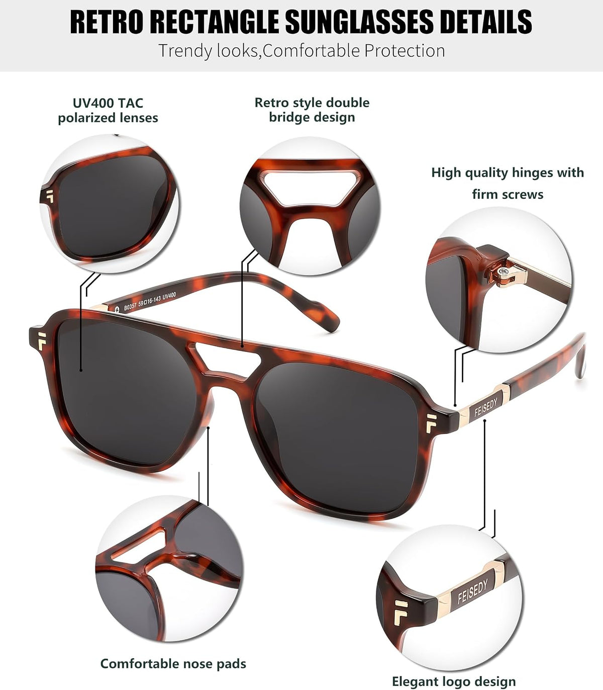 ÉÌƷͼƬ 26 | B0H2V9BFS5 | FEISEDY Retro Polarized Aviator Square Sunglasses for Women Men UV400 B0357