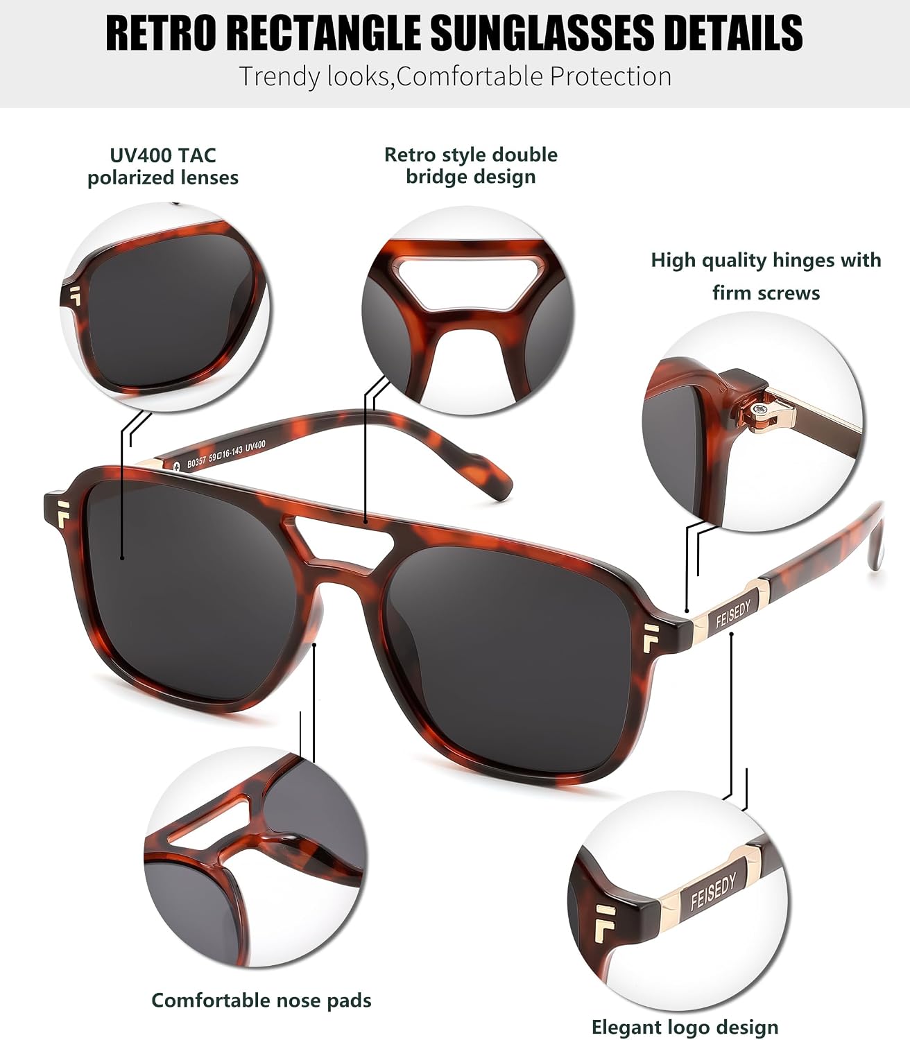 商品图片 26 | B0H2V9BFS5 | FEISEDY Retro Polarized Aviator Square Sunglasses for Women Men UV400 B0357