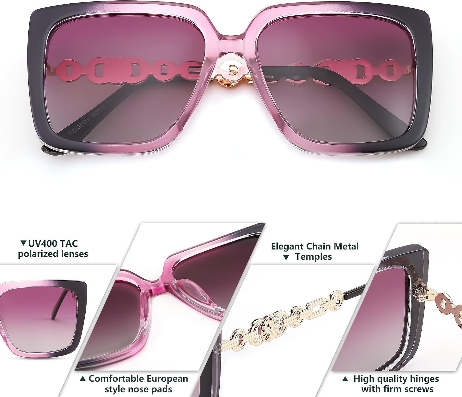商品图片 39 | B08HVPGJW5 | FEISEDY Sunglasses Womens Trendy, Oversized Square Shades, Pearl Inlay Cat Eye Frame UV400 Protection B2625