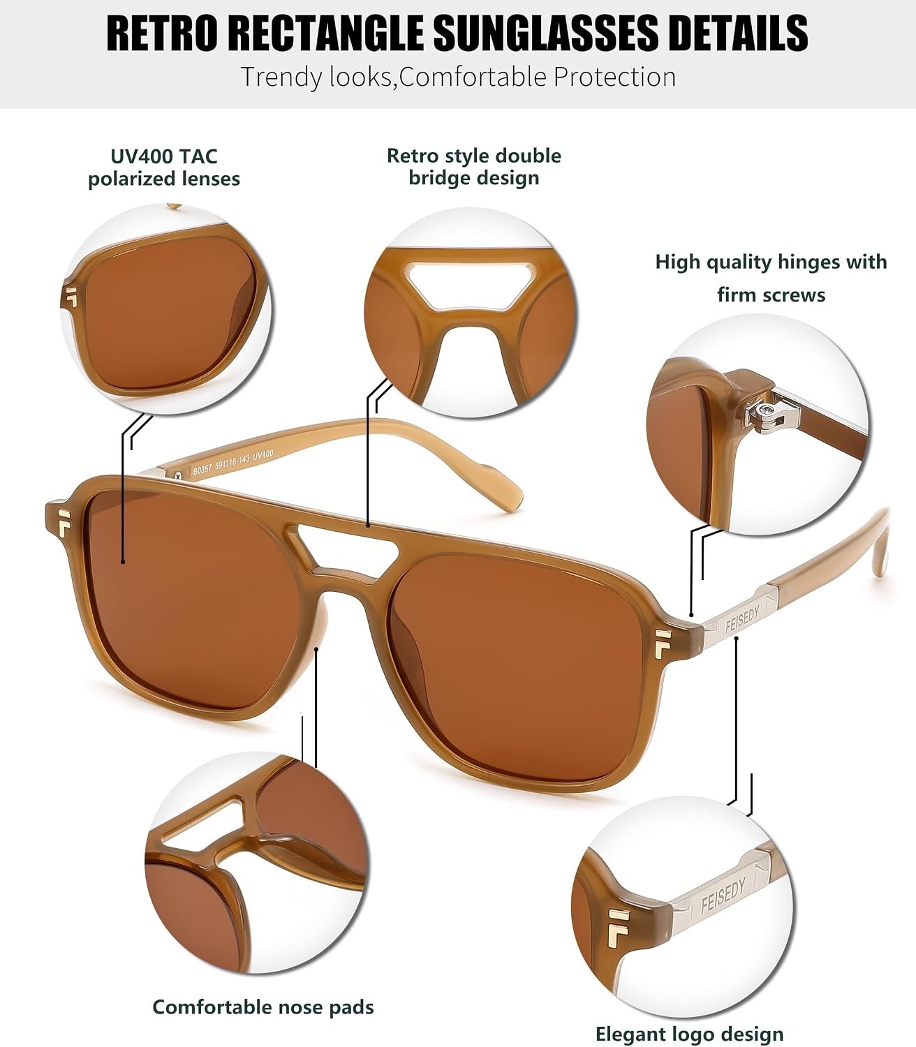 商品图片 33 | B0H2V9BFS5 | FEISEDY Retro Polarized Aviator Square Sunglasses for Women Men UV400 B0357