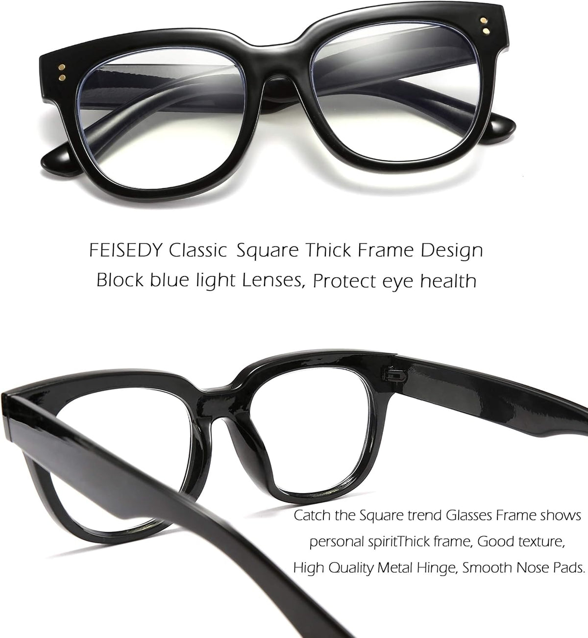 商品图片 3 | B08MFD4QG6 | FEISEDY Retro Square Anti Blue Light Blocking Glasses Women Thick Oversized Computer Eyeglasses Double Metal Studs B2689