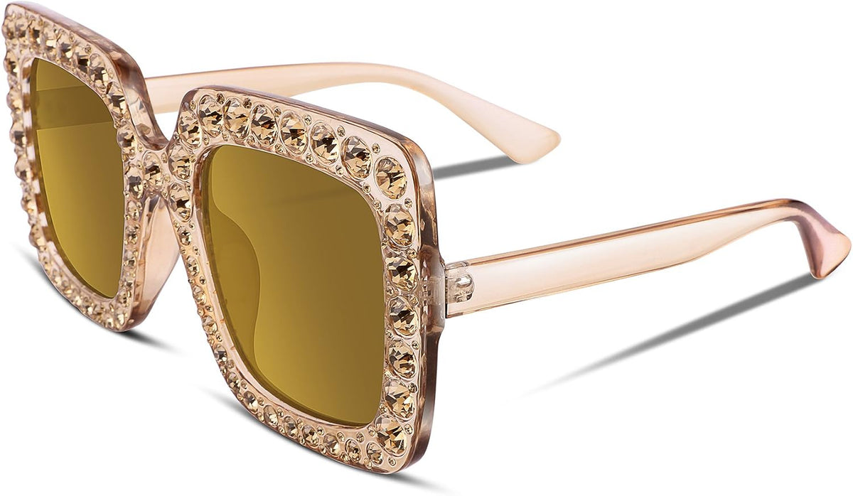 2 Champagne Gold / 51 Millimeters | B077GLBFK4 | FEISEDY Women Sparkling Crystal Sunglasses Oversized Square Thick Frame B2283