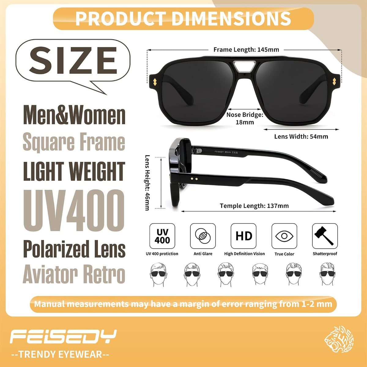 ÉÌƷͼƬ 6 | B0H79Y4V6B | FEISEDY Retro Aviator Square Polarized Sunglasses Women Men Trendy B0444
