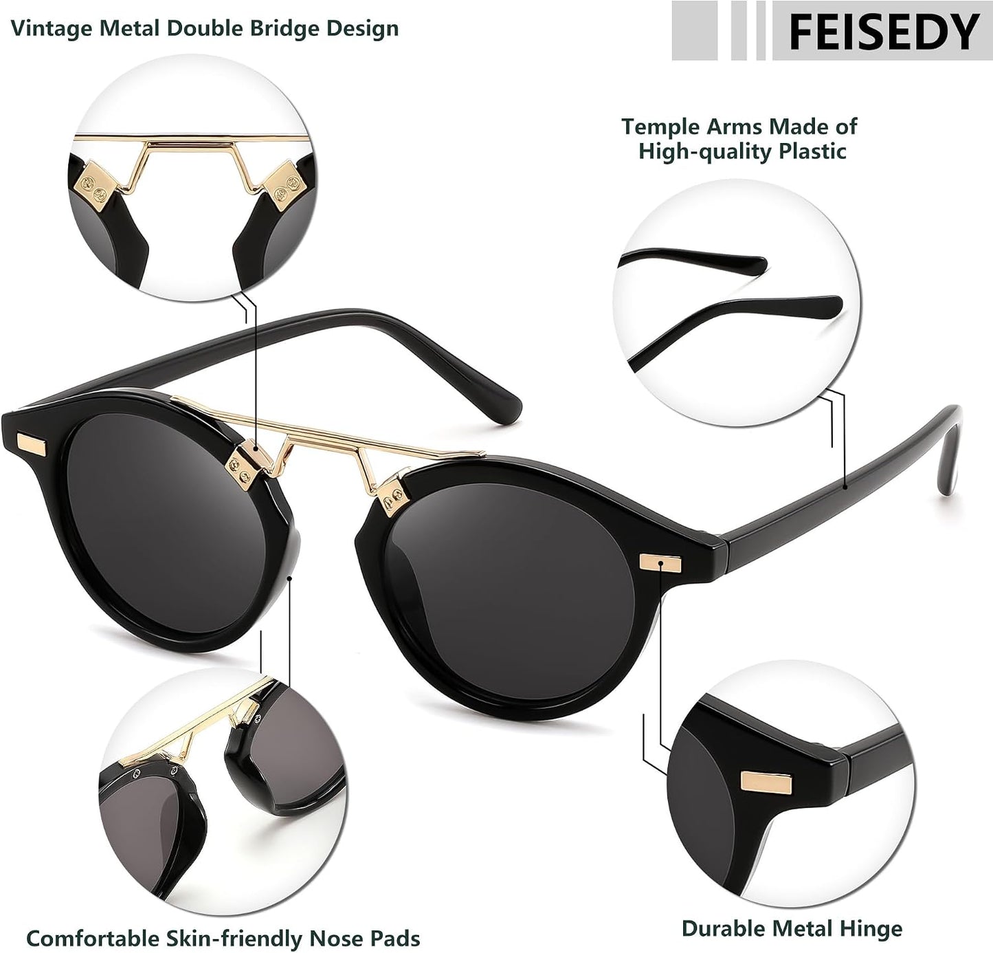 商品图片 21 | B0GX62YR7C | FEISEDY Retro Round Metal Brow Sunglasses for Women for Small Face B0427