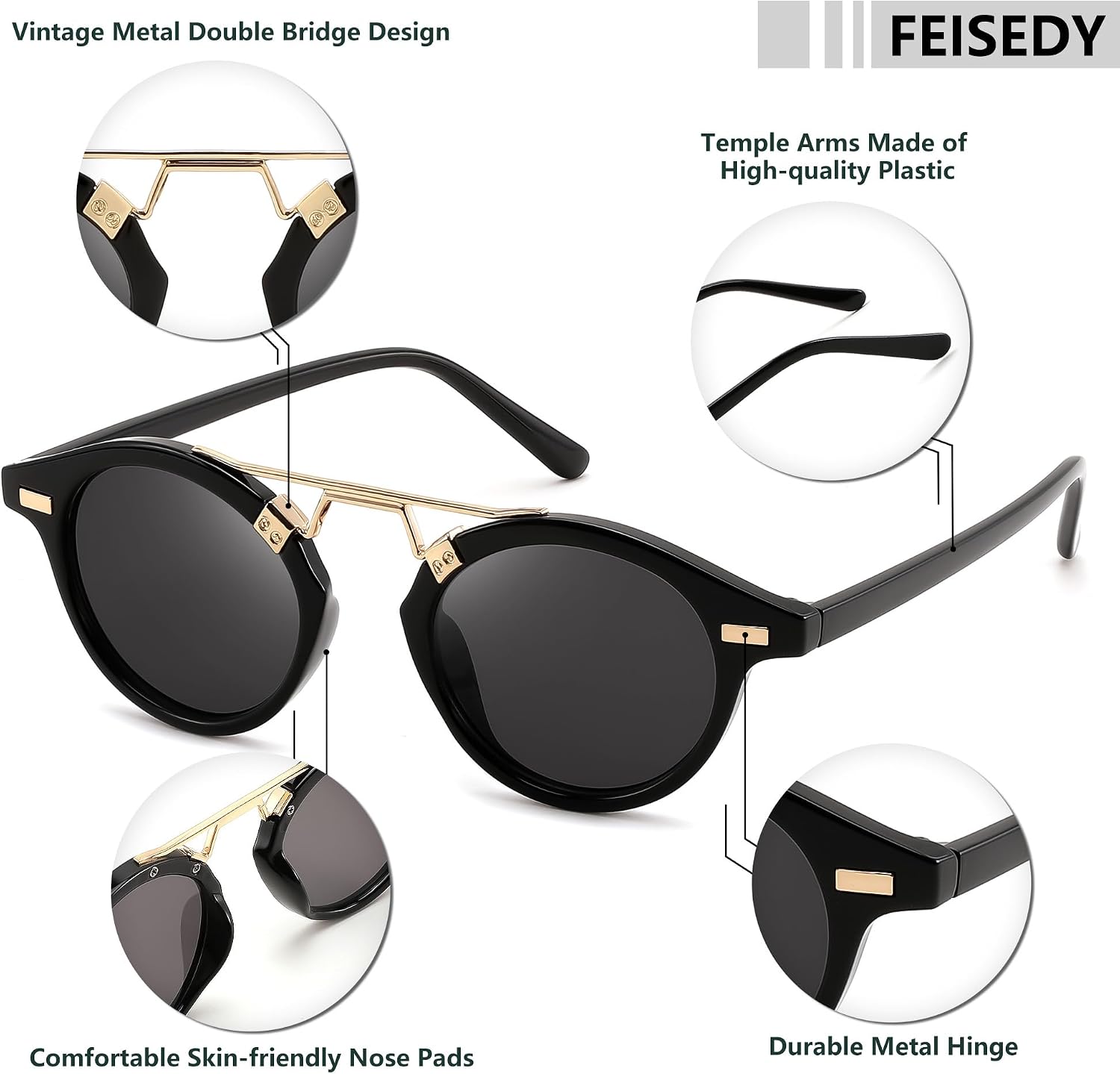 商品图片 21 | B0GX62YR7C | FEISEDY Retro Round Metal Brow Sunglasses for Women for Small Face B0427