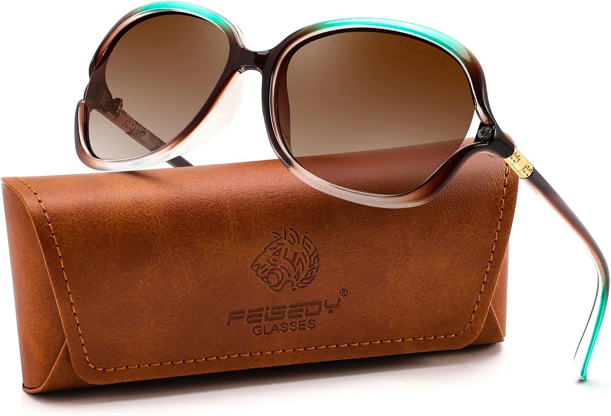 Green and Brown Frame + Gradient Tea Lens / 57 Millimeters | B0H8N6NBCR | FEISEDY Fashion Polarized Sunglasses for Women Butterfly UV400 B0424
