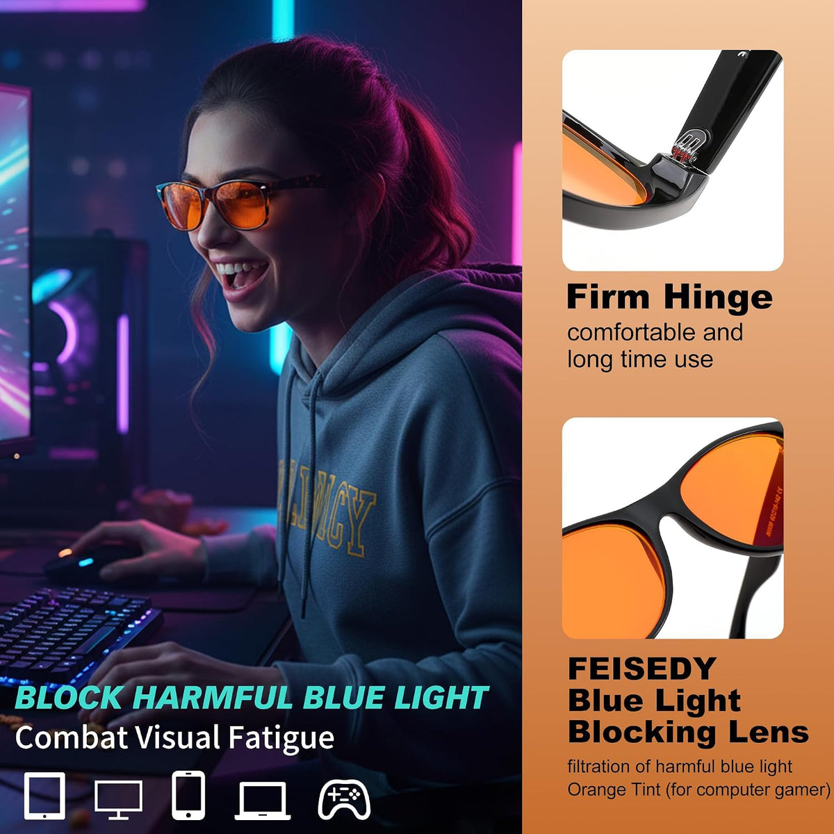 ÉÌƷͼƬ 3 | B0GK2PTMMH | FEISEDY Orange/Red Classic Blue Light Blocking Glasses for Women Men B0339
