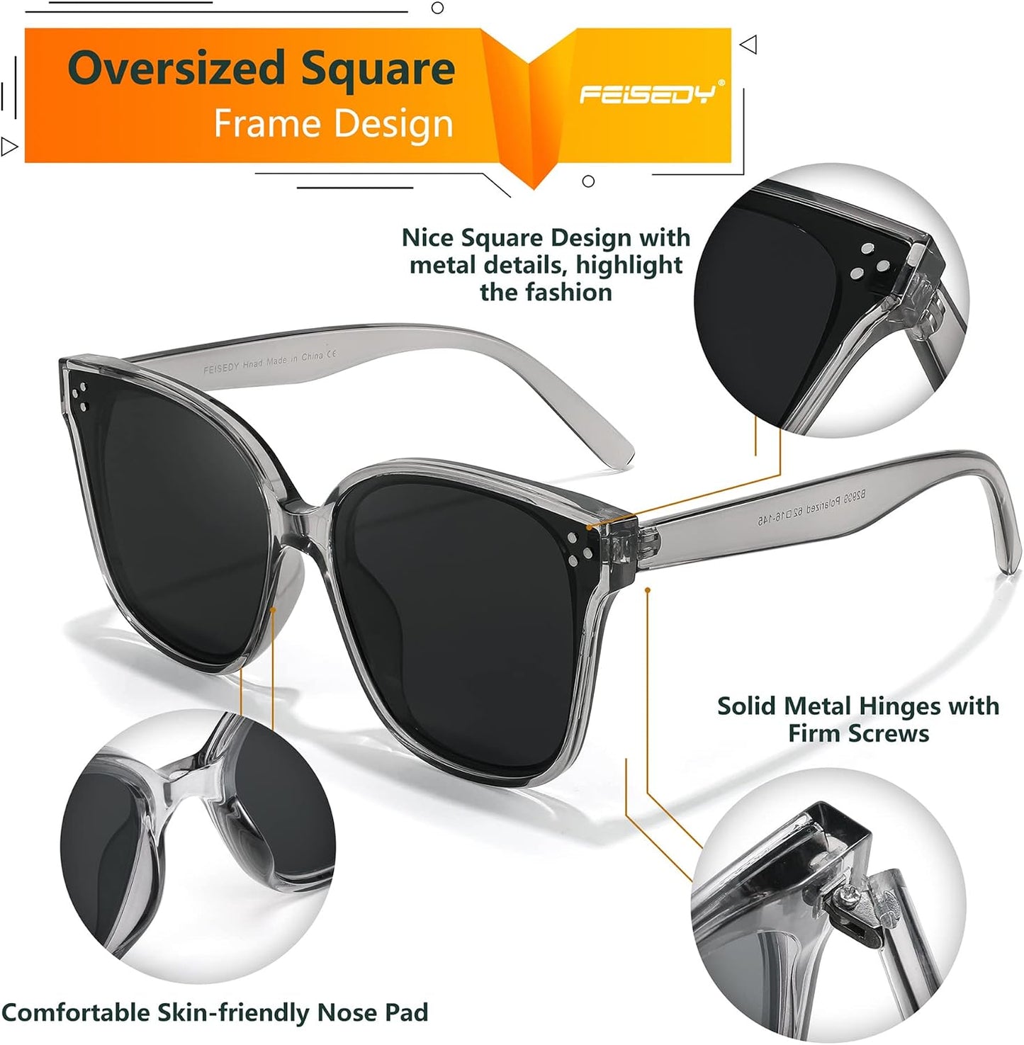 商品图片 18 | B0871BKMTN | FEISEDY Oversized Polarized Sunglasses - UV400 Protection, Square Fashion Sun Glasses for Outdoor & Daily B2600
