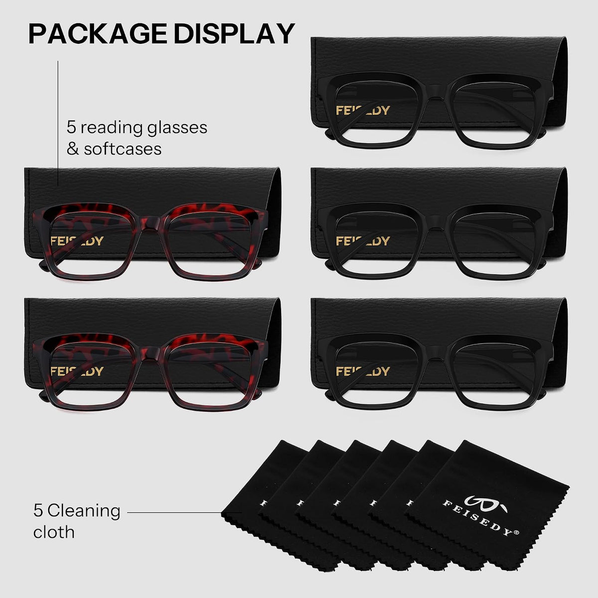 ÉÌƷͼƬ 26 | B0F7HQL9ND | FEISEDY 6/5 Pack Classic Reading Glasses Rectangular Readers B0297