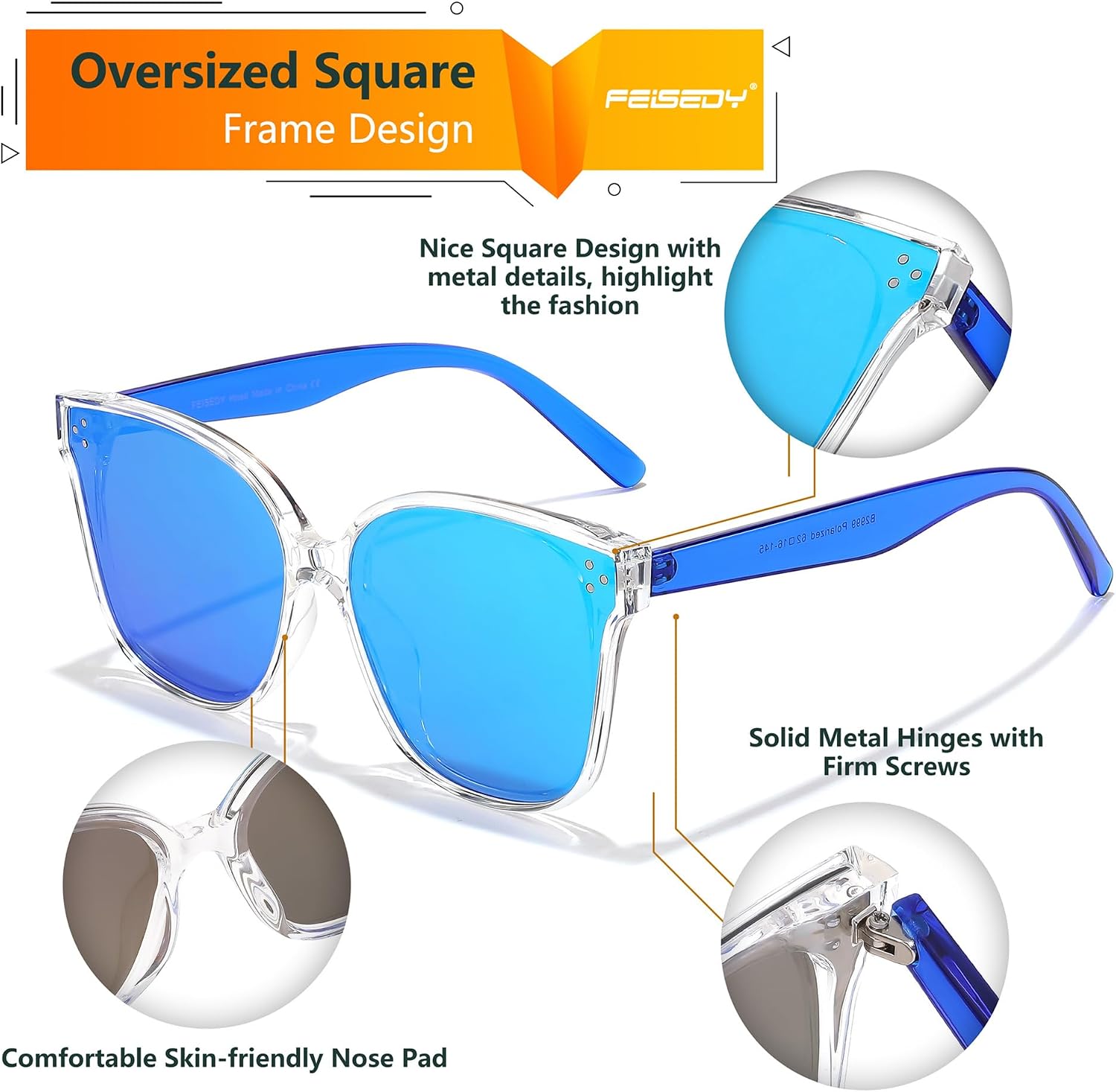商品图片 79 | B0871BKMTN | FEISEDY Oversized Polarized Sunglasses - UV400 Protection, Square Fashion Sun Glasses for Outdoor & Daily B2600