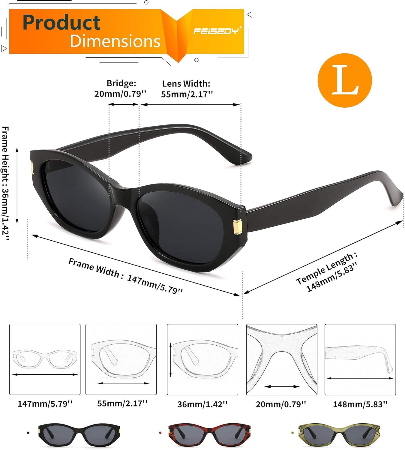 商品图片 13 | B0GV7G6XL2 | FEISEDY Retro Cat Eye Sunglasses for Women Trendy Shades Chunky Frame B0418