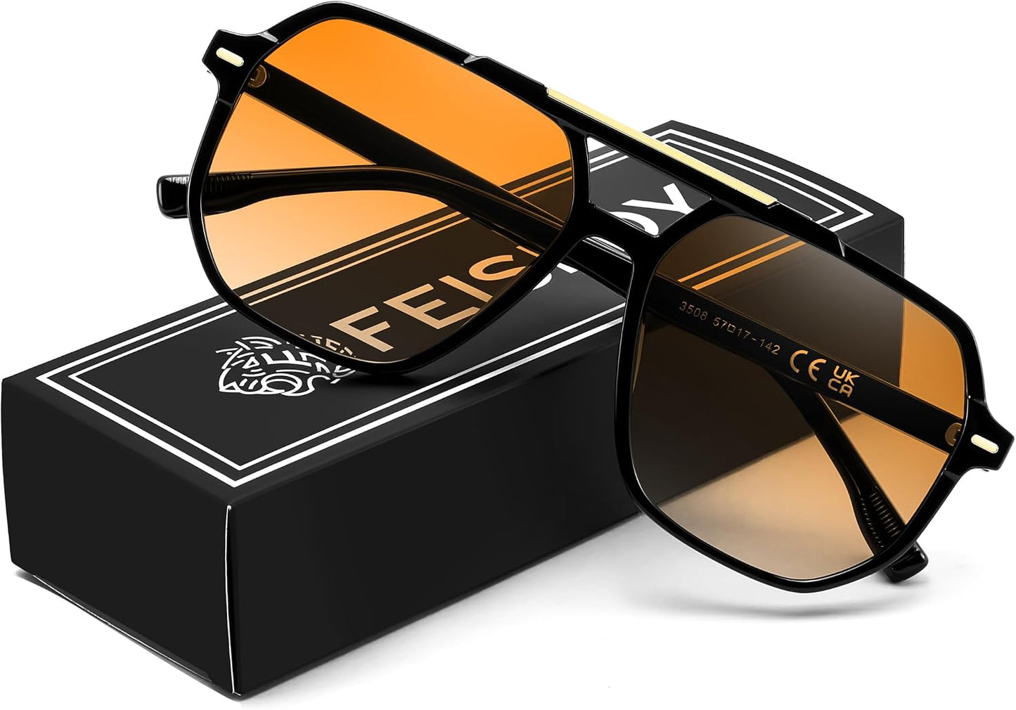 Black/Gradient Yellow / 57 Millimeters | B0H71F1PNF | FEISEDY Retro Aviator Sunglasses for Women Men 70s Square Sun Glasses B0281