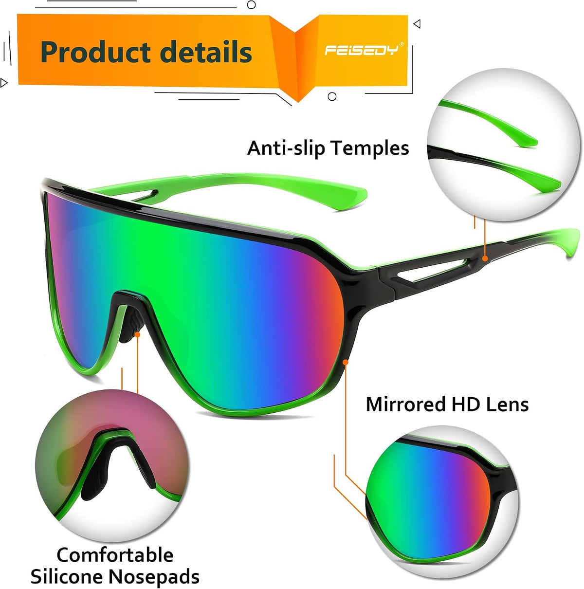 ÉÌƷͼƬ 23 | B0D5D4T92Q | FEISEDY Sports Sunglasses for Men and Women,Oversized One Piece Reflective Lens Cycling Sunglasses B0178