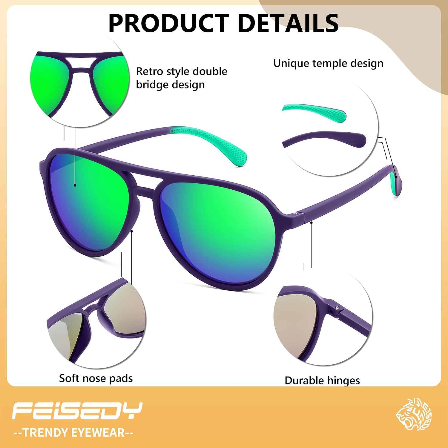 商品图片 33 | B0FY6J455M | FEISEDY Polarized Aviator Sunglasses for Men Women Trendy Sports B0324 | 100% UV400 protection, HD TAC lenses, Lightweight & durable, Driving, Hiking, Fishing, 50% recycled materials