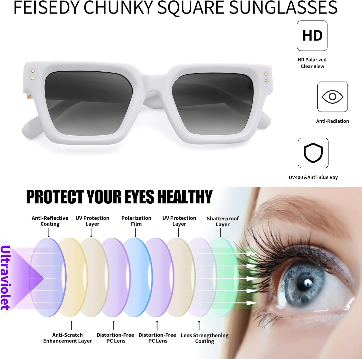 商品图片 13 | B0CHMMTXNK | FEISEDY Retro Rectangle Sunglasses Trendy Chunky Square Sun Glasses for Women Men UV400 Protection B0073