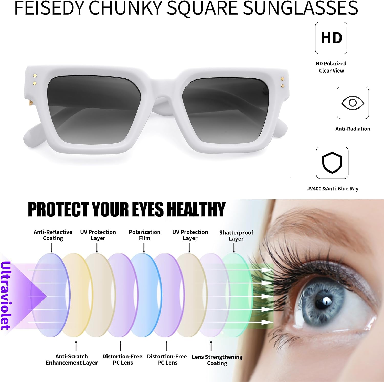 商品图片 13 | B0CHMMTXNK | FEISEDY Retro Rectangle Sunglasses Trendy Chunky Square Sun Glasses for Women Men UV400 Protection B0073