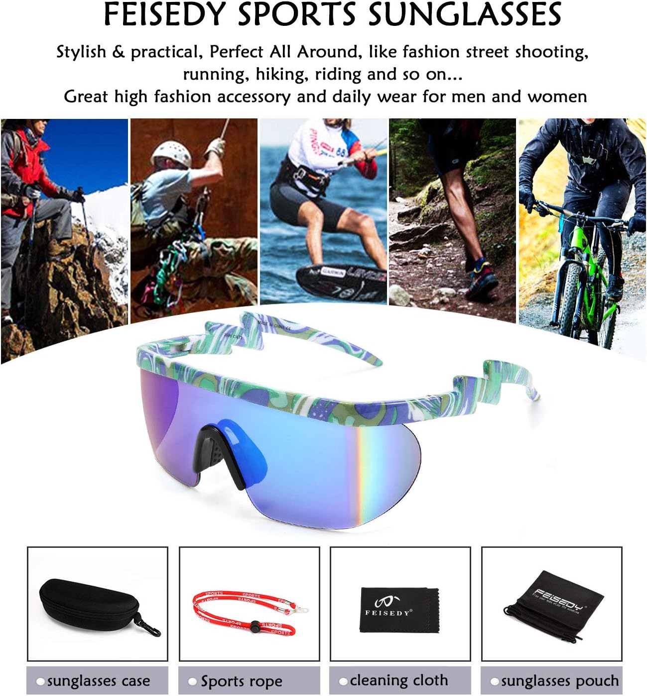 商品图片 83 | B096SD9GGG | FEISEDY Oversized Mirror Shield Sport 80s Sunglasses Ski Goggles Flat Top One Piece Futuristic Visor Women Men B2522