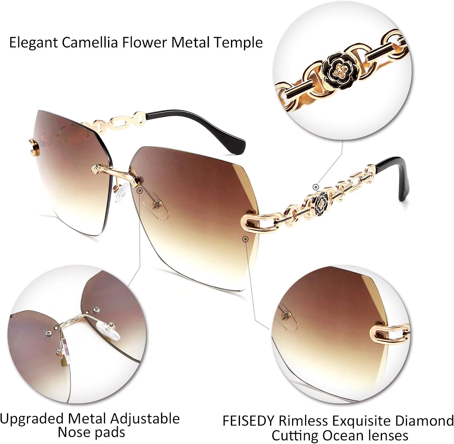 商品图片 5 | B083VRLS2Q | FEISEDY Classic Rimless Sunglasses Women Metal Frame Diamond Cutting Lens Sun Glasses B2567