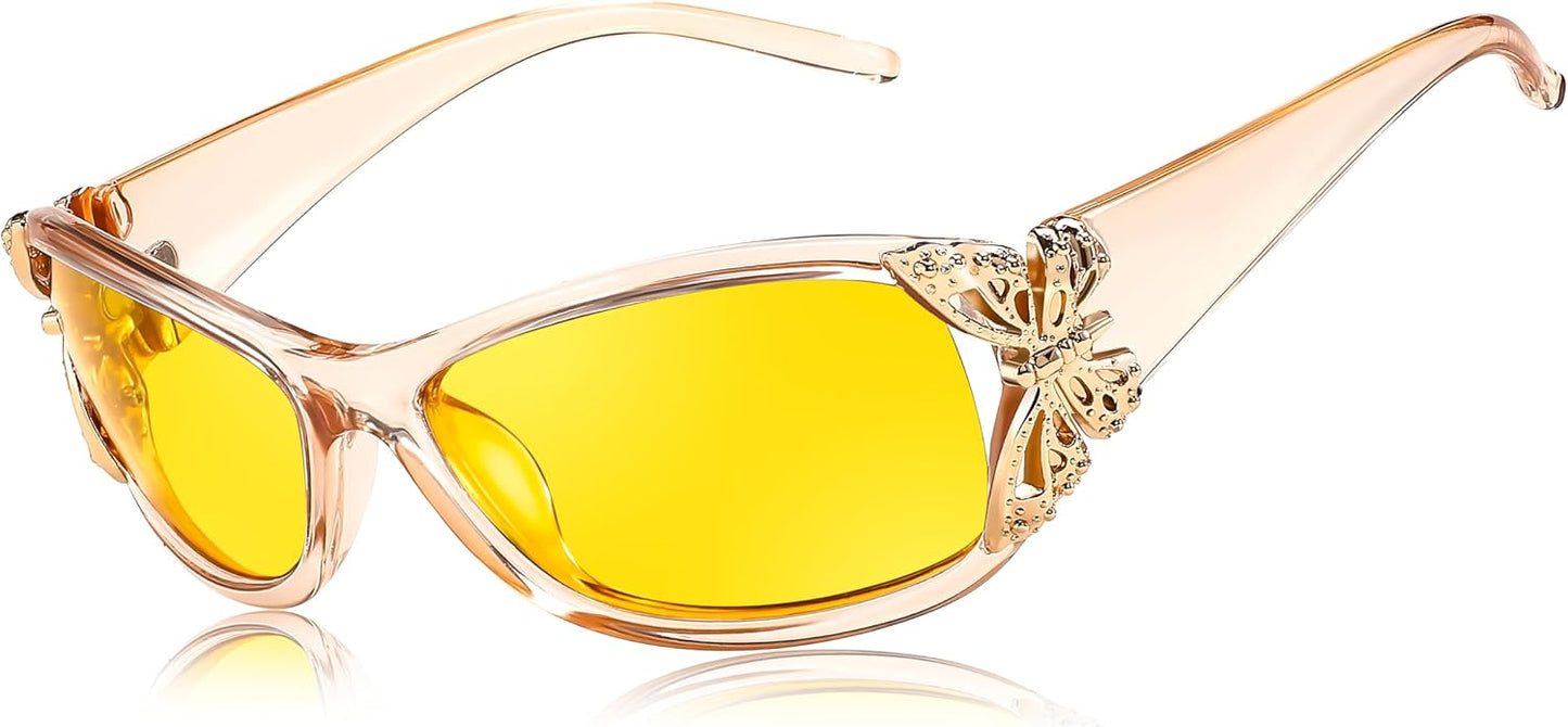 Z-butterfly(champagne) / 60 Millimeters | B0CRV8VPNG | FEISEDY Classic Womens Night Glasses Driving Anti Glare Wrap Around Yellow Sunglasses B2548