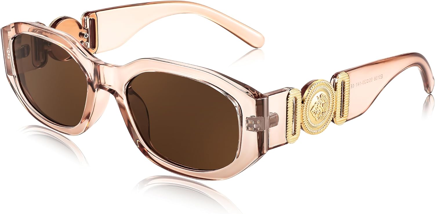Champagne Frame/Brown Lens / 54 Millimeters | B0C98ZGS42 | FEISEDY Retro Trendy Rectangle Sunglasses Women Men Narrow Shades B2322