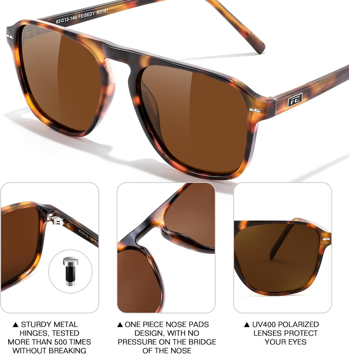 ÉÌƷͼƬ 52 | B0F4D461TF | FEISEDY Polarized Aviator Mens Sunglasses Square Modern Women Vintage Style Acetate Frame UV400 B0191