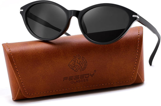Glossy Black Frame & Gray Lenses / 52 Millimeters | B0HBTYCMKL | FEISEDY Retro Polarized Cat Eye Sunglasses for Women Men UV400 B0466