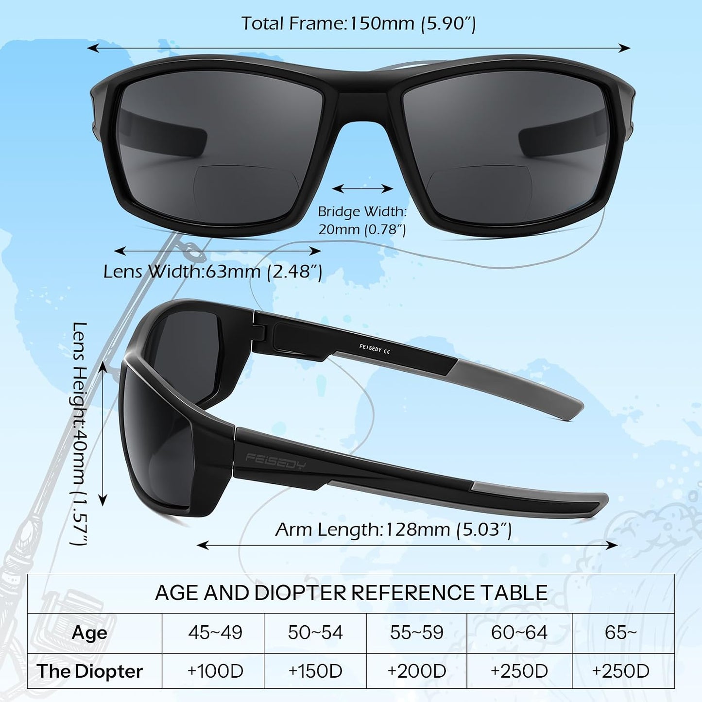 商品图片 6 | B0FGJCLQD6 | FEISEDY 2 Pack Bifocal Reader Sunglasses for Men Wrap Around Design Sun Readers Sports/Outdoor/Driving/Fishing B0303