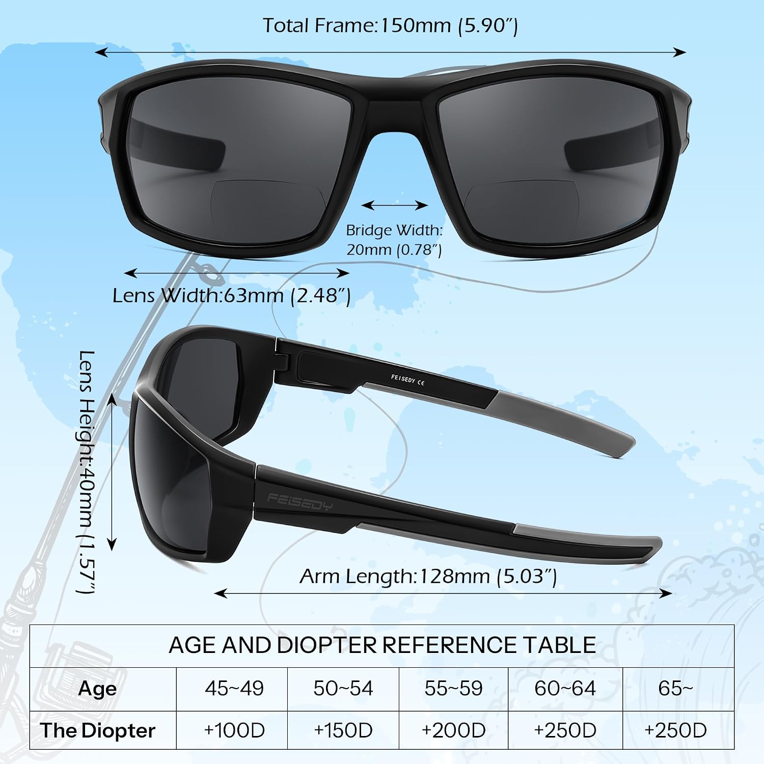 商品图片 6 | B0FGJCLQD6 | FEISEDY 2 Pack Bifocal Reader Sunglasses for Men Wrap Around Design Sun Readers Sports/Outdoor/Driving/Fishing B0303