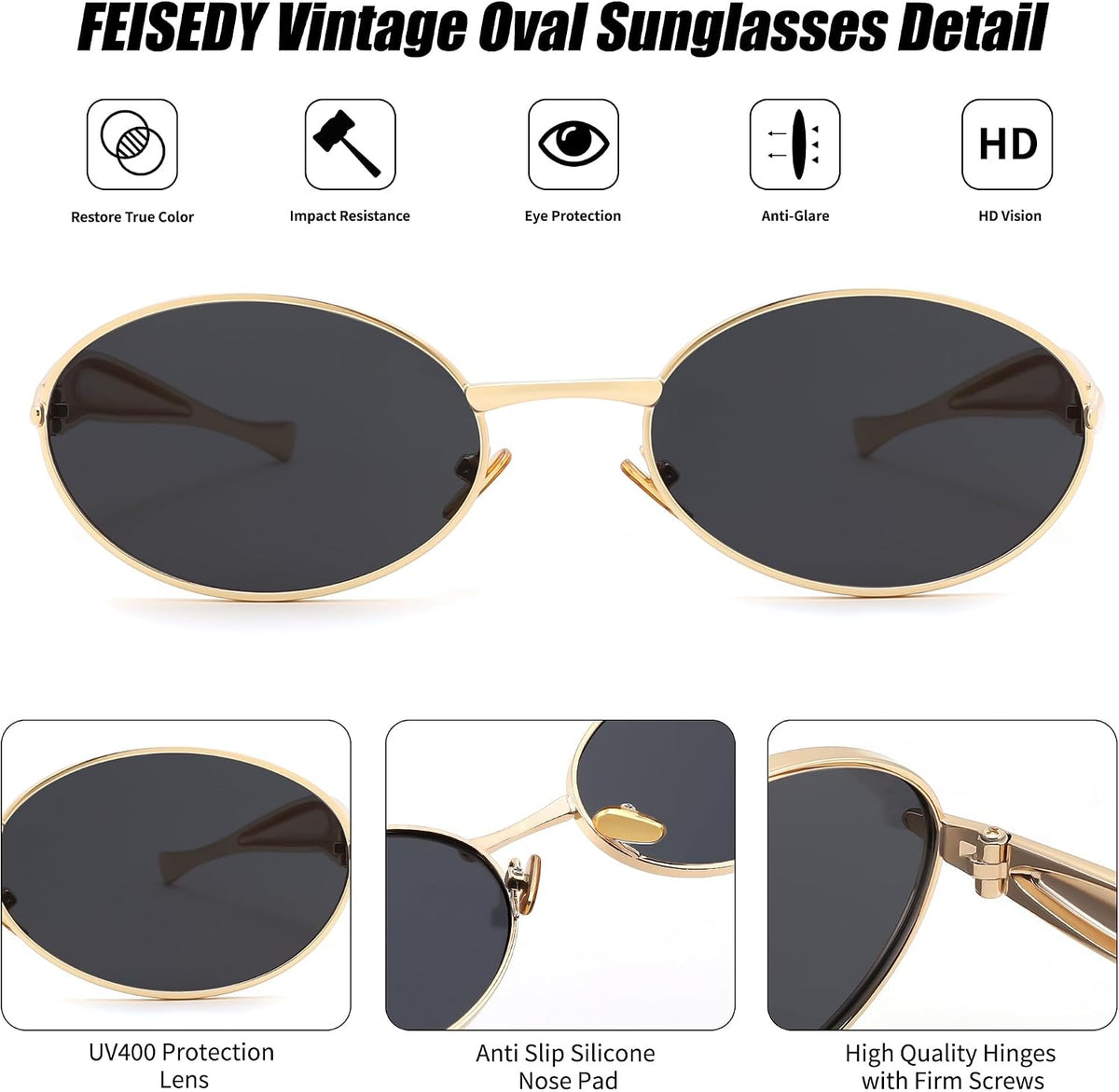 ÉÌƷͼƬ 43 | B0FH4FH8VH | FEISEDY Retro Oval Sunglasses Women Men - Gold Metal Chunky Frame, UV400 for Driving & Daily Wear B0312