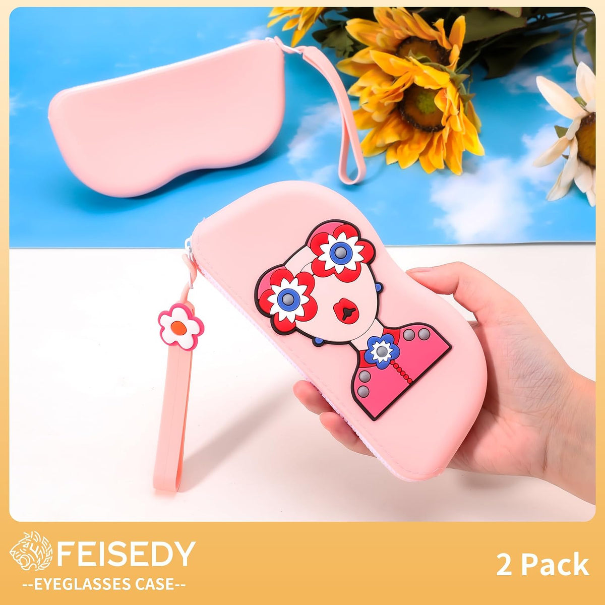 ÉÌƷͼƬ 6 | B0GFYLNWFJ | FEISEDY 2Pack Cartoon Silicone Glasses Pouch with Carrying Strap Cute Protective Eyewear Case for Travel B0386