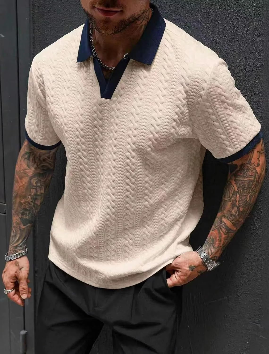X-Large | B0GXVZJYG8 | Men's Casual Polo Shirts V Neck Contrast Collar Bubble Jacquard Short Sleeve Super Stretch True Classic Polos for Men