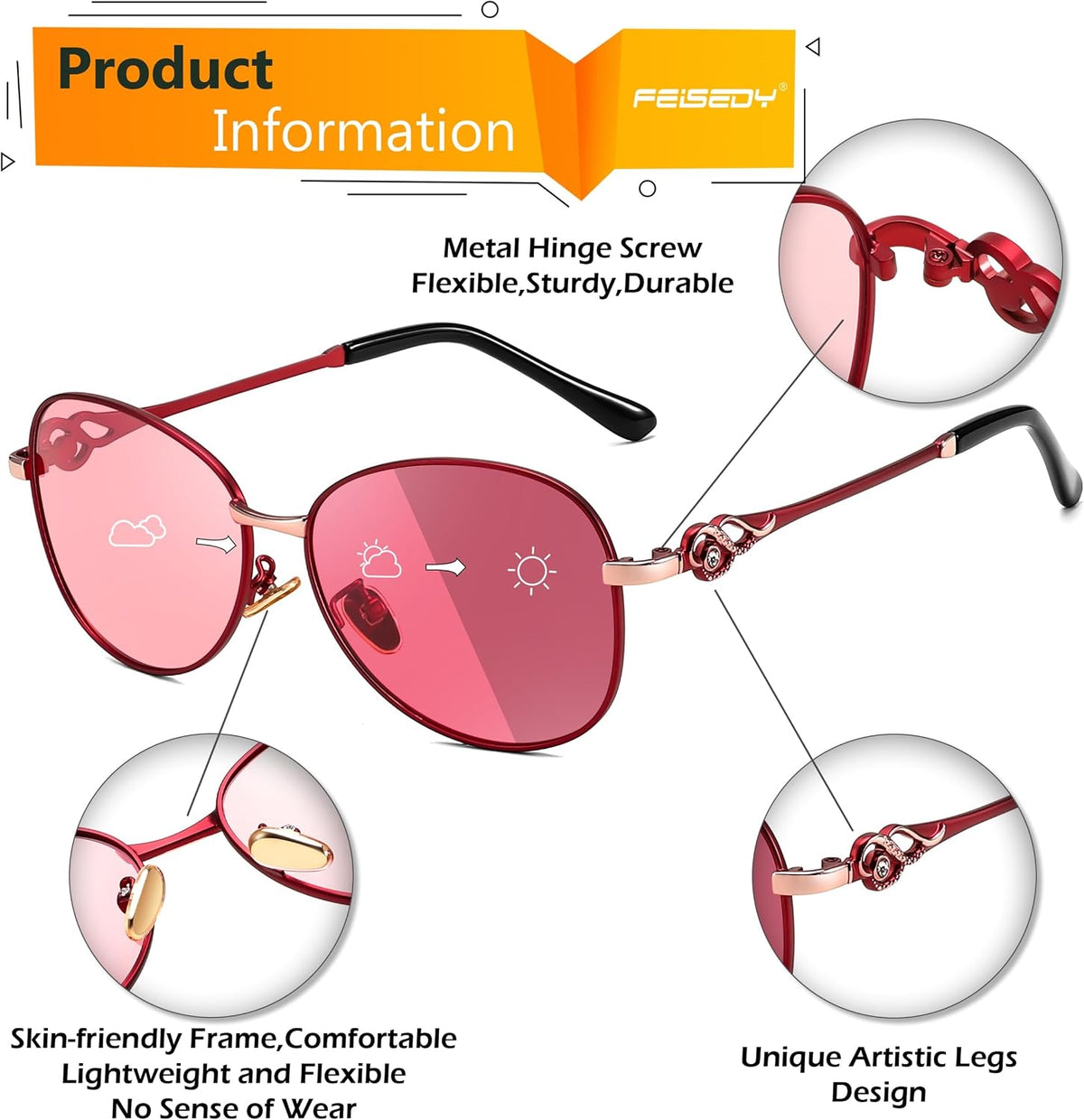 ÉÌƷͼƬ 17 | B0DCZMV6Y9 | FEISEDY Oval Photochromic Polarized Sunglasses Women Retro Metal Rhinestone Sunglasses Classic UV400 Protection B1119
