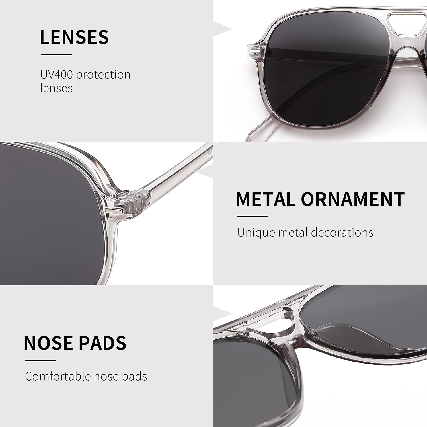 商品图片 26 | B0H1WCGC42 | FEISEDY Retro Square Aviator Sunglasses Women Men Double Bridge B0443
