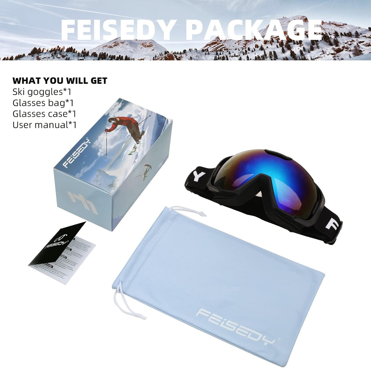 商品图片 29 | B0GHRB6WCQ | FEISEDY Ski Goggles, OTG Snow Sport Goggles for Adult Youth, Anti-Fog UV400 Protection Bendable Dual-Lenses B2961