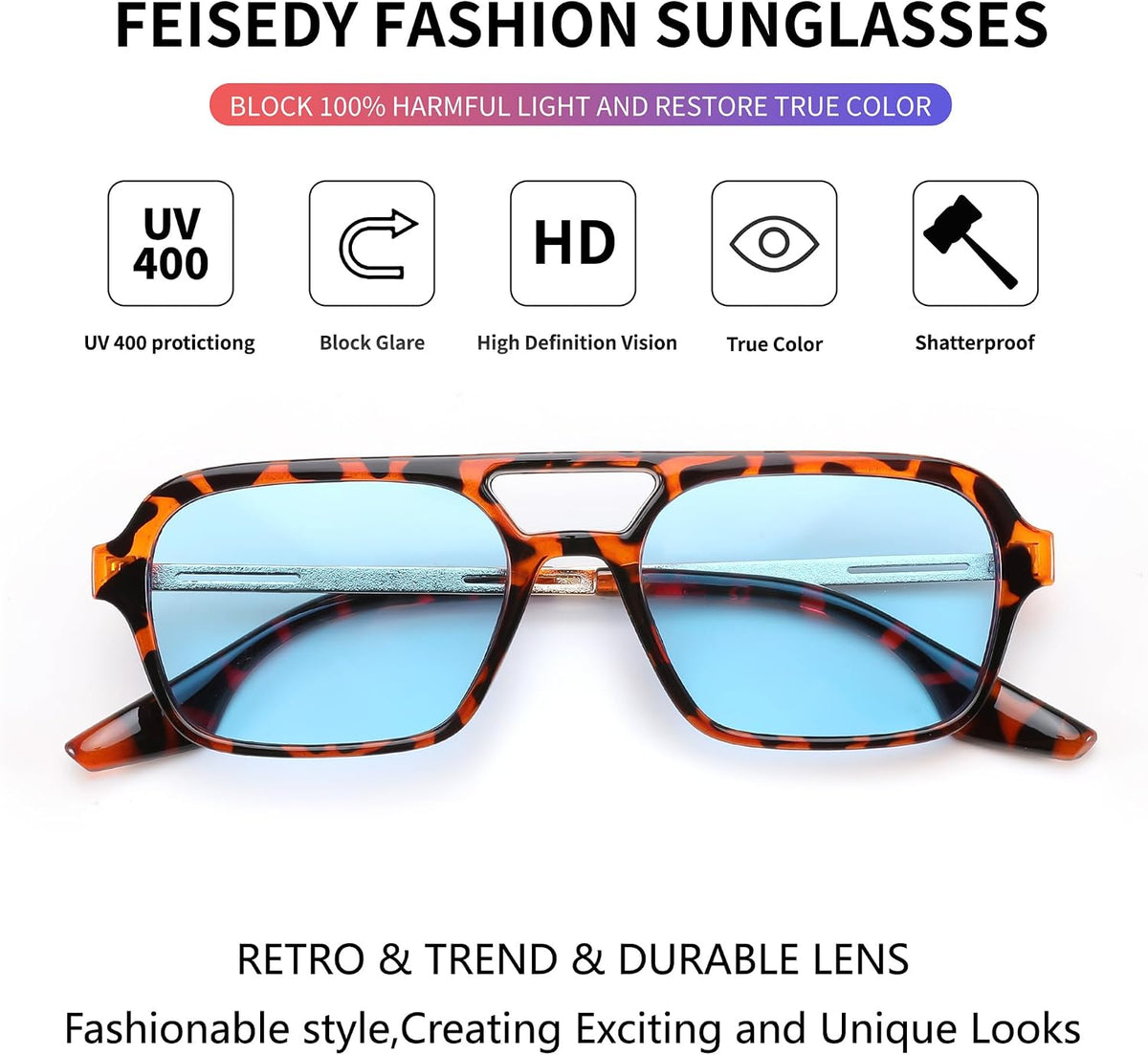 ÉÌƷͼƬ 27 | B0925V3NP4 | FEISEDY Vintage Square 70s Flat Aviator Sunglasses Women Men Metal Design Shades B2752
