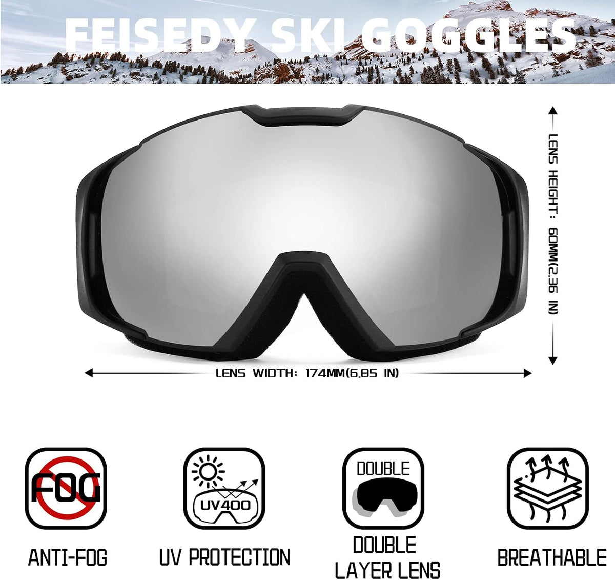 商品图片 73 | B0GHRB6WCQ | FEISEDY Ski Goggles, OTG Snow Sport Goggles for Adult Youth, Anti-Fog UV400 Protection Bendable Dual-Lenses B2961